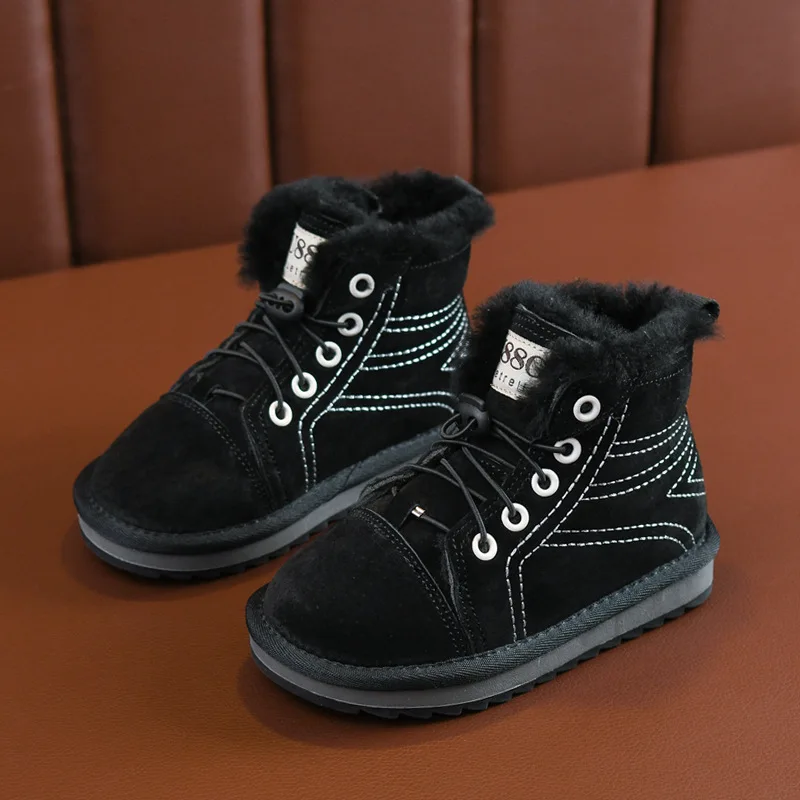 Зимние Утепленные Меховые детские ботинки для мальчиков и девочек, нескользящая теплая хлопковая обувь, верх из натуральной кожи, теплая-20 °