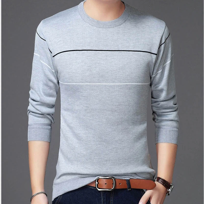 Covrlge, Осенний повседневный мужской свитер с круглым вырезом, полосатый флисовый приталенный вязаный свитер, мужские свитера, пуловеры, пуловер для мужчин, MZM052 - Цвет: Gray