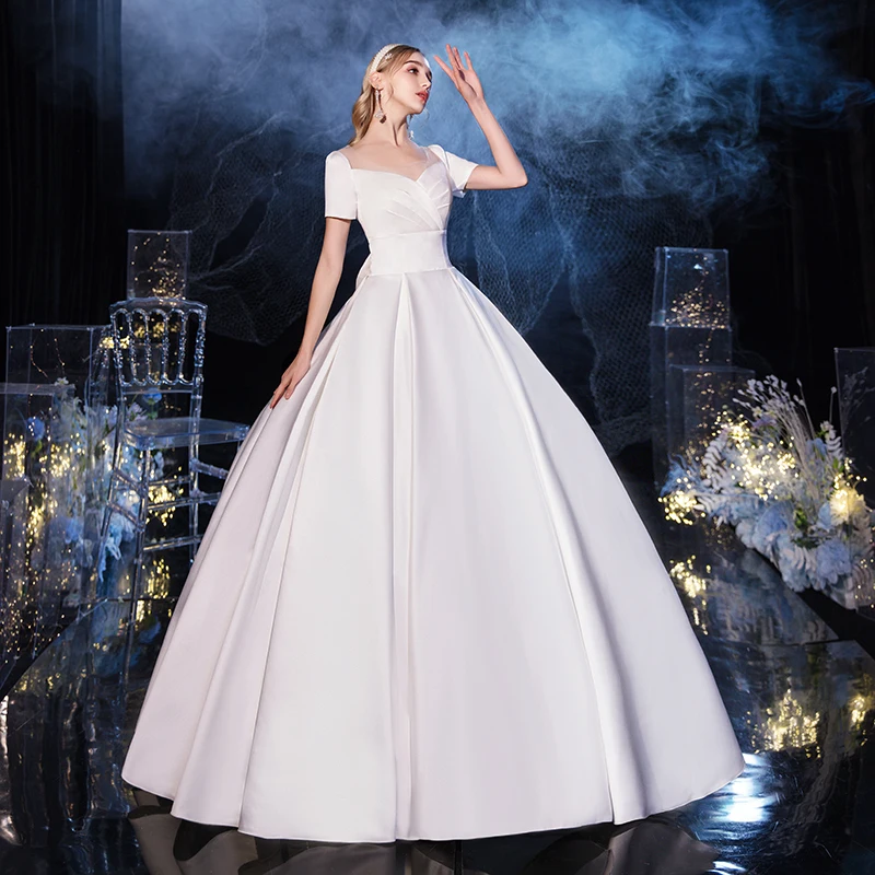 Vestido De Noiva 2024 Short Sleeve Classic Satin Lace Up Wedding Ball Gown Luxury Wedding Dresses Robe De Mariee Customized 3