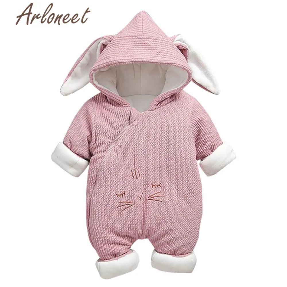 ARLONEET Cartoon Coat Baby Boy Romper Winter Bunny Ear Baby Girls Zipper Rompers Coat Jumpsuit Hooded Baby Romper Bebe Menina