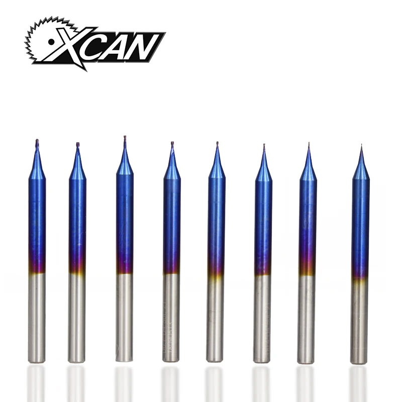 XCAN 1 шт. D0.2-D0. 9 мм микро фреза с плоским торцом карбид вольфрама 2 флейты Фрезерный станок с ЧПУ Бит Nano Blue покрытием микро концевая фреза