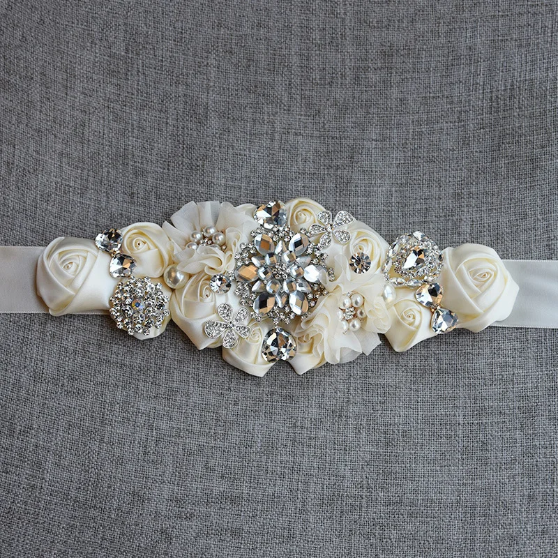 JaneVini Jewelled Rhinestone Belt for Wedding Dress Women Belts Pearl Satin Ribbon Sash Crystal Belt Bridesmaid Bride Waistband - Цвет: Слоновая кость