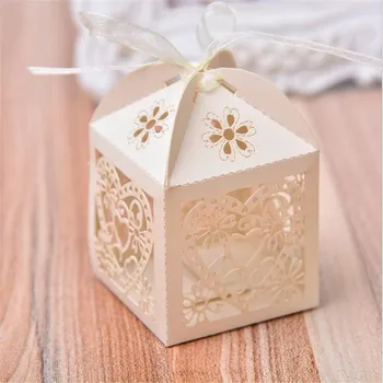 

Promotion Heart Design Lase Cut Wedding Sweets Candy Gift Packing Boxes With Ribbon Table Decorations