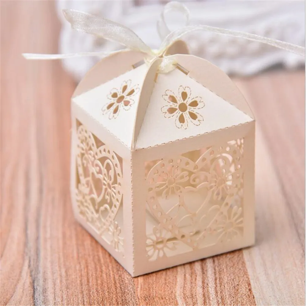  Promotion Heart Design Lase Cut Wedding Sweets Candy Gift Packing Boxes With Ribbon Table Decoratio