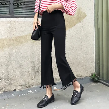 

Pants Women Slim Solid Tassel Leisure Trendy All-match Elegant Ankle-Length Womens High Waist Trousers Leisure Female Simple New