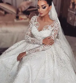 شراءرائع لبنان العروس التطريز الدانتيل الكرة ثوب الزفاف فساتين 2019 يا الرقبة القطار الملكي الحرير طويل الأكمام الزفاف الزفاف أثواب