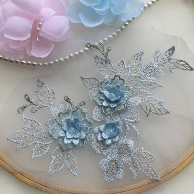 light blue 3D вышитые нашивки цветы для вечернего платья одежда кружевная ткань аппликация отделка кружевной воротник Пришивные аксессуары - Цвет: light blue