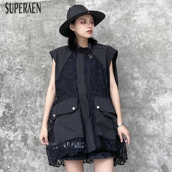 

SuperAen Fashion Women Sleeveless Vest Coats Summer New 2020 Summer and Spring Stand Collar Stitching Lace Vests Coats