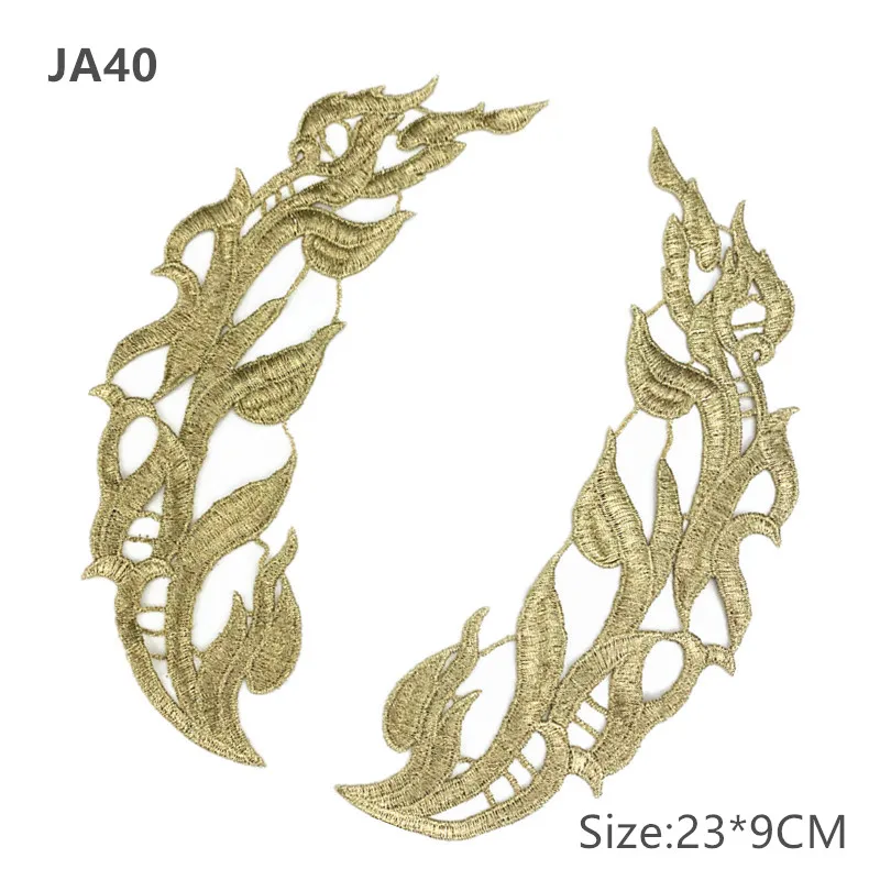 Mirror Pair Embroidered patches Golden Guipure Lace Sewing lace for dress Applique DIY Bridal Headdres Lace Collar JA104