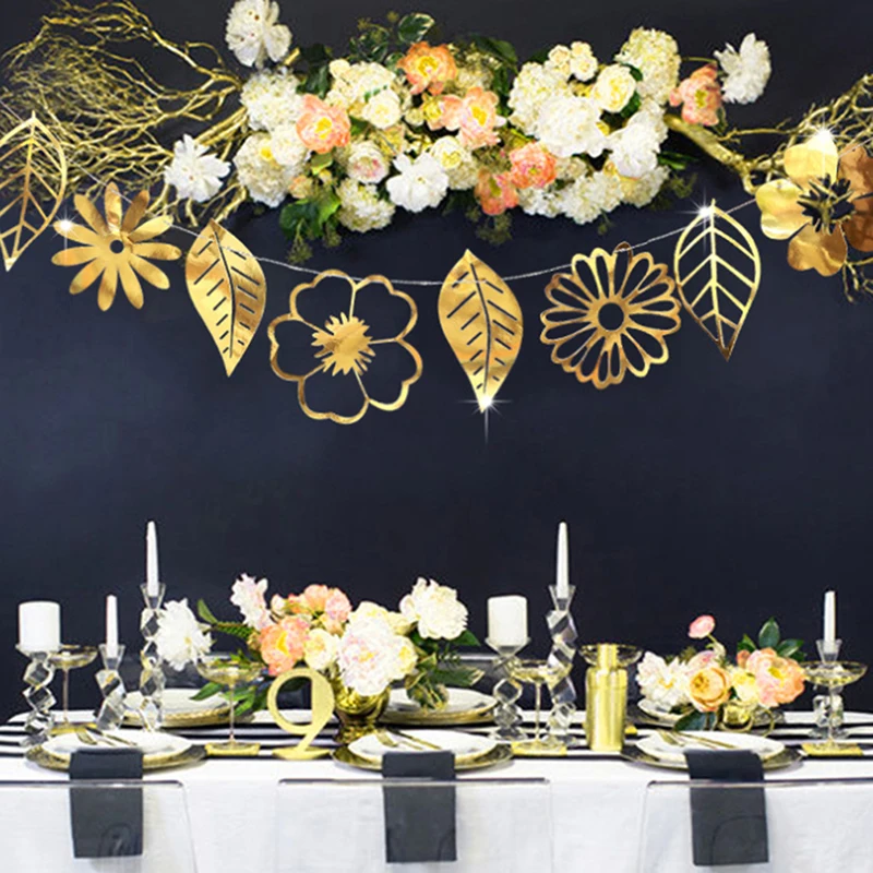 Golden Silver Birthday Banner 8pcs Flowers Leaves Wall Stickers Openwork Baby Shower Wedding Decorat Flower String Ornaments | Дом и сад