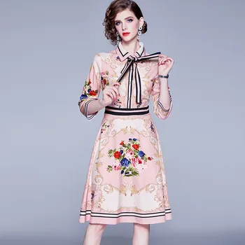 

2019 New Runway European Fashion Floral Print Vintage Dress Women Elegant Bow Casual ladies Dresses Special Occasion Vestidos
