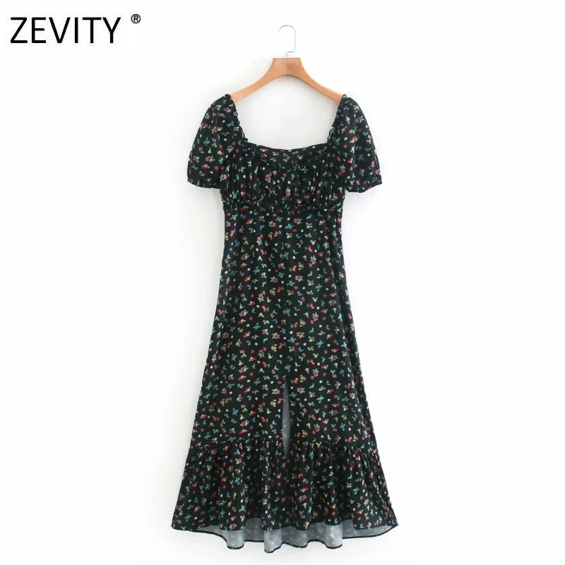 Zevity New Women vintage flower print split midi dress female puff sleeve pleats casual slim vestidos chic party Dresses DS4196 Zevity New Women vintage flower print split midi dress female puff sleeve pleats casual slim vestidos chic party Dresses DS4196