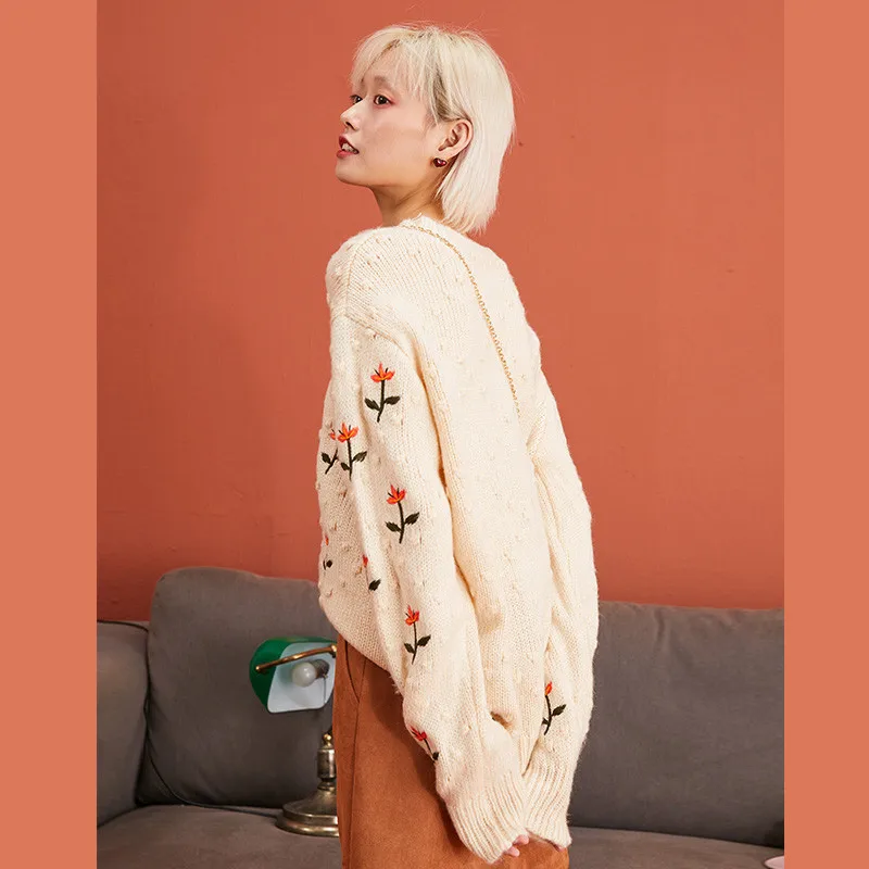 Skup SAM S TREE Green moherowe kwiatowe hafty dzianinowe swetry damskie swetry 2019 zimowy biały koreański styl puchowy luźny top damski