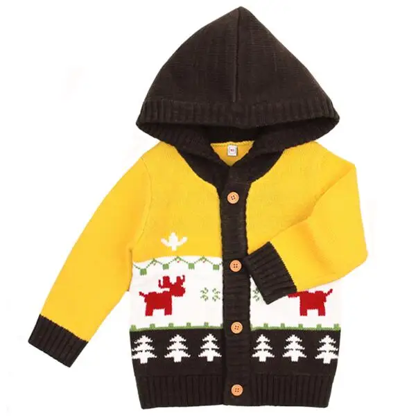 Цвет: желтый Christmas Clothes Boy Girl Knit Cardigan Cartoon Baby Coat Newborn Autumn Winter Knitting Long Sleeve Hooded Coat Jacket - Цвет: Цвет: желтый