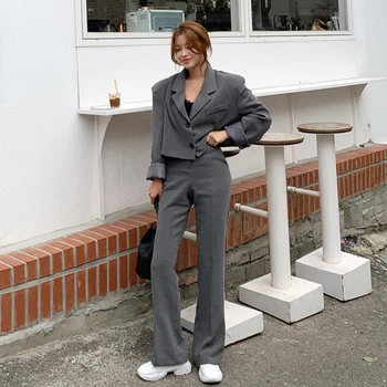 

LANMREM 2020 Spring fashion new single breasted short sytle long sleeve blazer + high waist suit pants grey two piees set YJ107