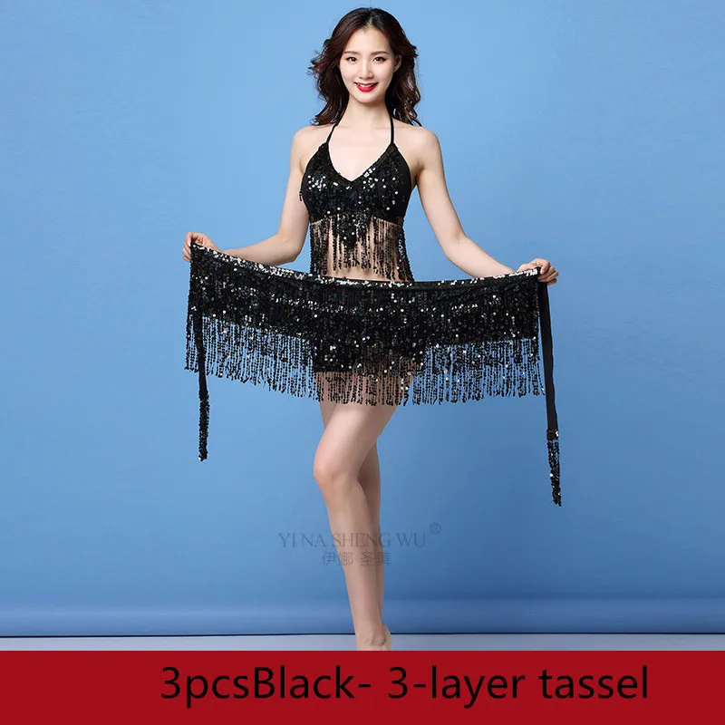 3pcsBlack 3-layer Танец живота латинский блесток Холтер Топ бюстгальтер пояс бедра юбка набор сексуальный женский костюм для вечеринки Tassel искушение сценические комплекты - Цвет: 3pcsBlack 3-layer