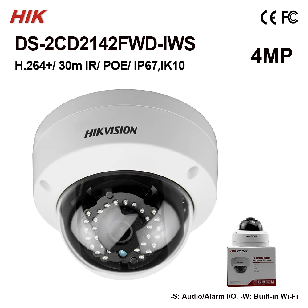 DS-2CD2142FWD-IWS Hik 4MP сеть купольных камер камера IK10 w/WiFi IR30m в продаже H.264+ 128G DS-2CD3145F-I подарок