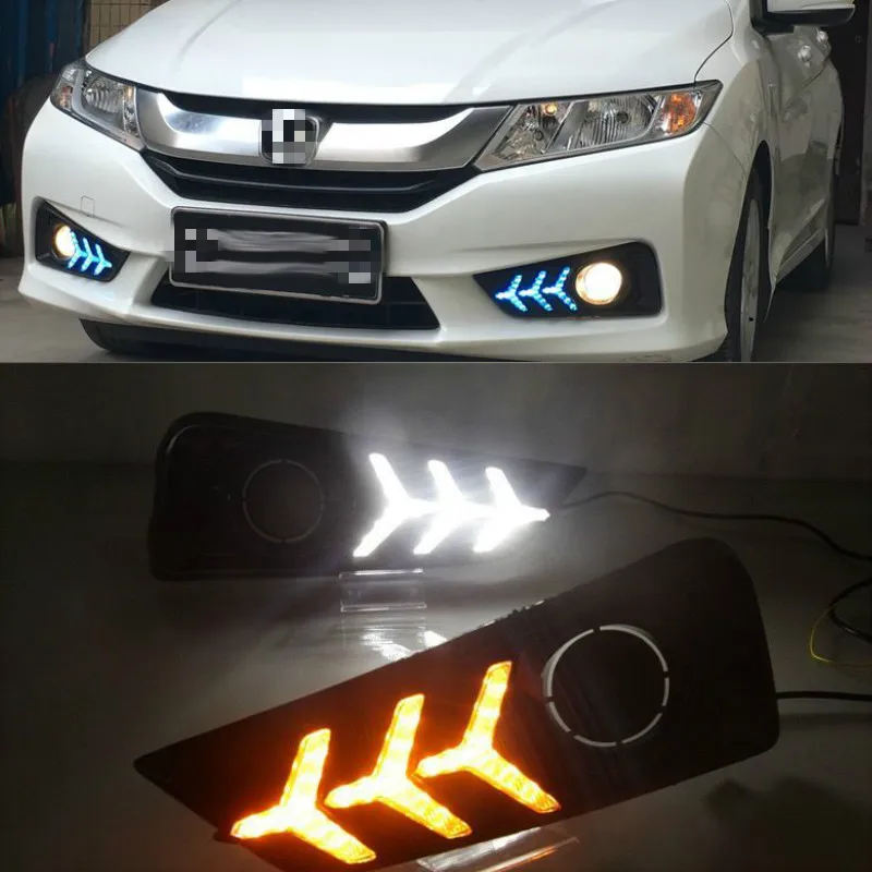 

2 шт. Светодиодный дневной ходовой светильник для Honda City Grace 2015 2016 2017 желтое реле сигнала поворота водонепроницаемый 12 В DRL противотуманная фара
