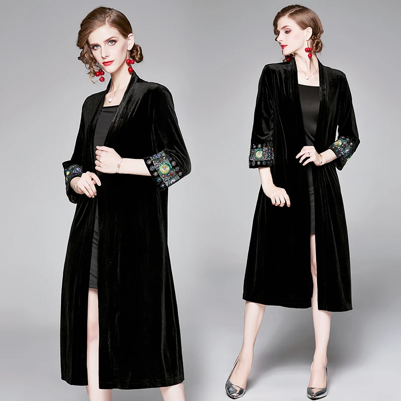 Осенне-зимнее женское модное черное бархатное пальто-Тренч с вышивкой спереди и карманами, деловая шаль-накидка, длинный кардиган-пальто