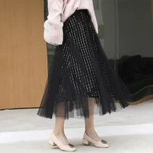 Женская юбка из тюля с высокой талией осенние бархатные юбки большого размера с блестками, длинная Корейская плиссированная юбка черного и зеленого цвета 4xl