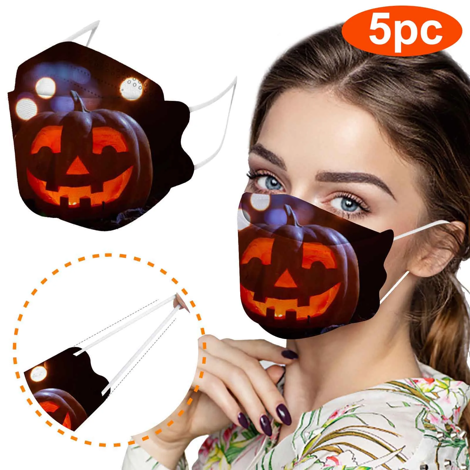 5PC Adults Halloween Theme Prints 4-Layer Ear Loop Mask Disposable Face Reusable Mouth Cover Fashion Fabric Masks face cove | Красота и