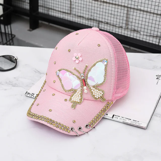 New High-Quality Fashion Butterfly Print Baby Cotton Baseball Cap With Brick Mosaic Ladies Beautiful Girl Hip-hop Mesh Hats Butterfly Pink- Net