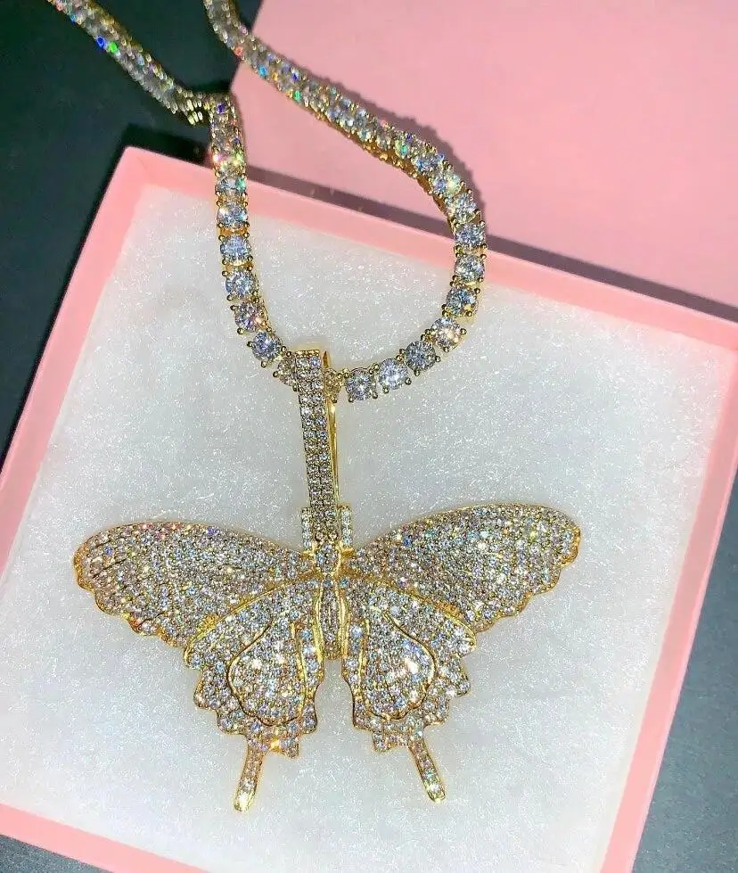 iced out sparking bling cz чокер для женщин и девушек ювелирные изделия 5 мм cz теннисная цепь хип-хоп прохладный розовый cz бабочка кулон ожерелье