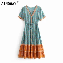 Винтажное шикарное женское пляжное длинное богемное платье с цветочным принтом и рукавом летучая мышь женское платье-миди с v-образным вырезом и кисточками летнее платье в стиле бохо vestidos