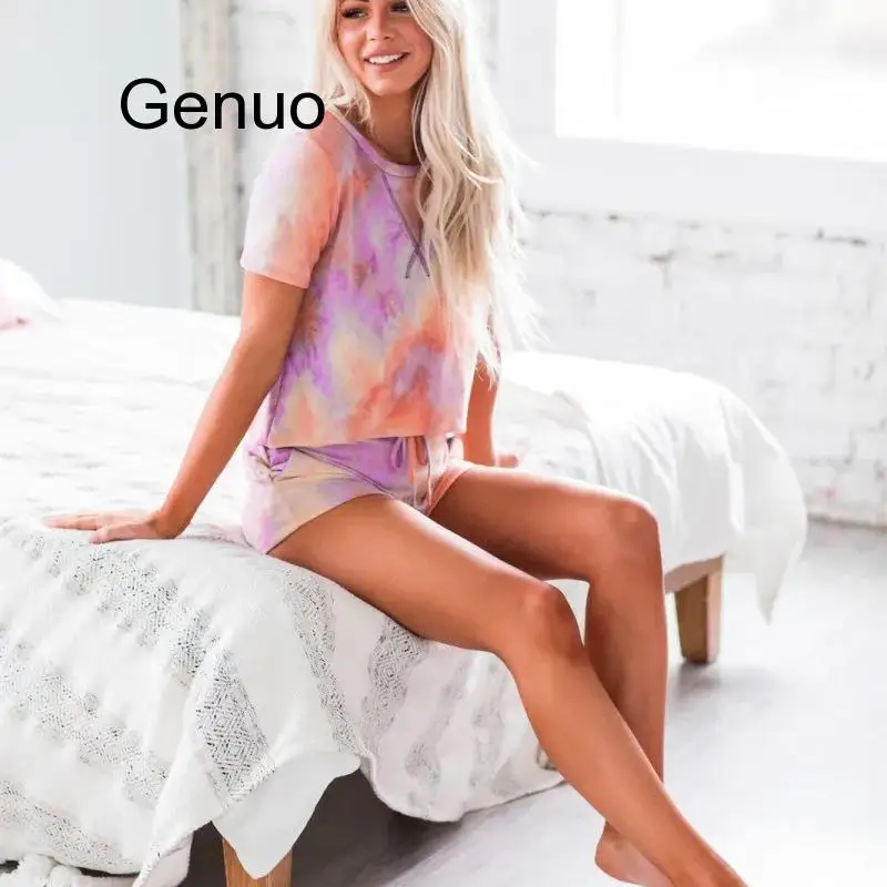 New Summer Tie-dyed Print Women Sets Lounge Wear Tops Shorts Set 2 Pieces Women Tracksuit Home Leisure T Shirts Shorts