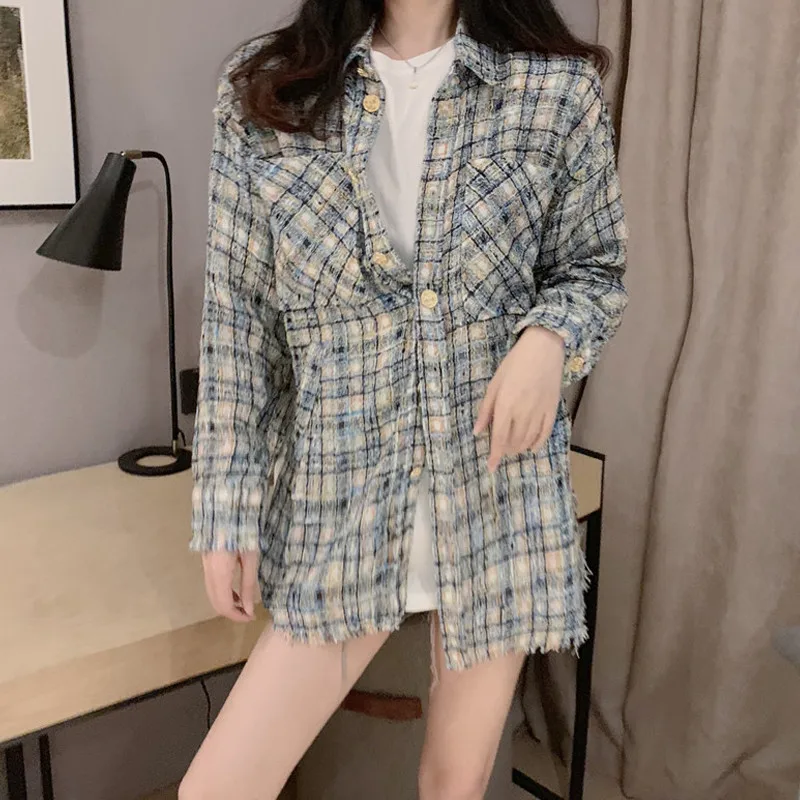 

Female Long Seeve Shirts Spring Autumn New Retro Wild Loose Plaid Shirt Janpan Harajuku Long Blouse Oversize BF Style Blusas