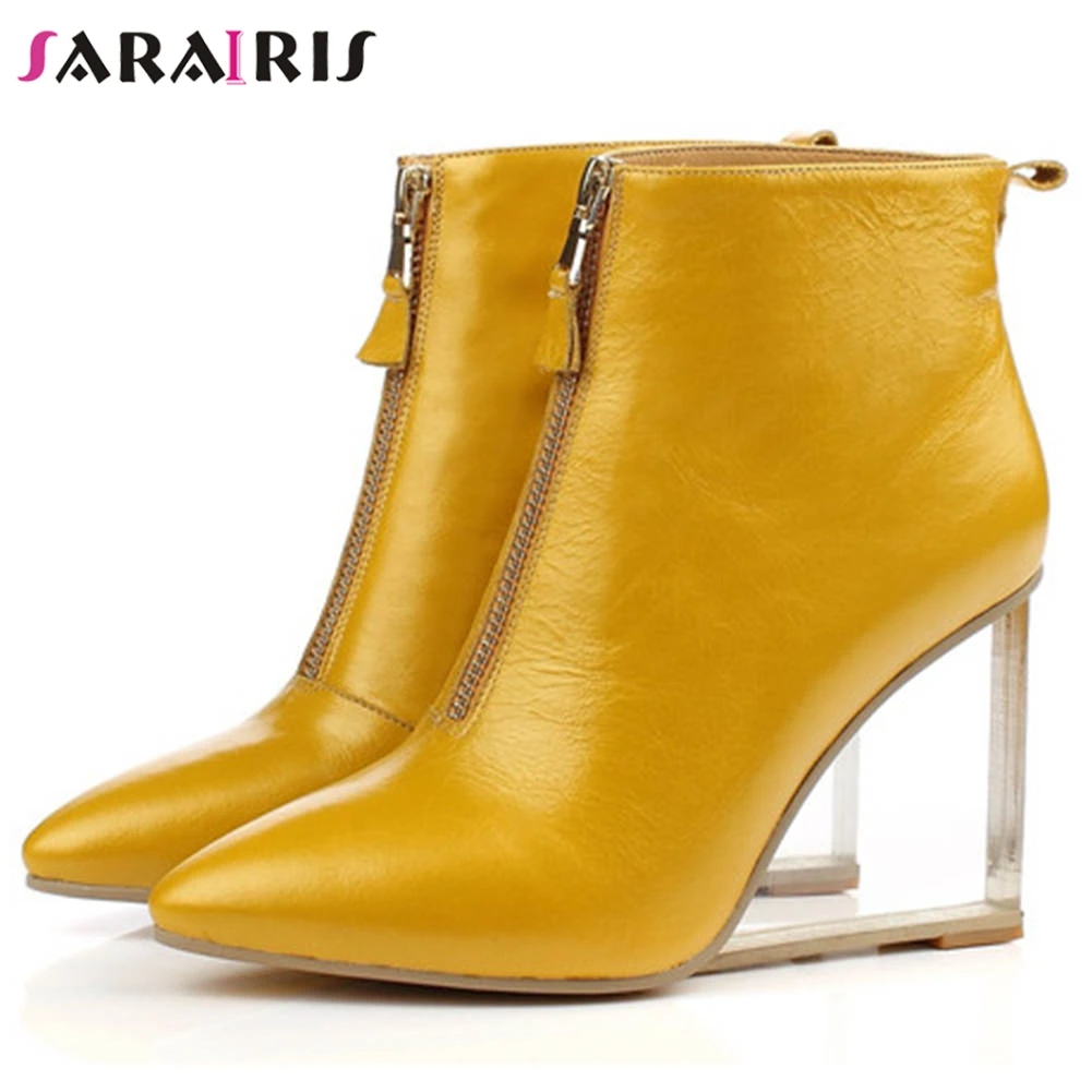 

SARAIRIS 33-41 Luxury Brand Zipper Booties Ladies Party Genuine Leather Ankle Boots Women Pointed Toe High Heels Shoes Woman