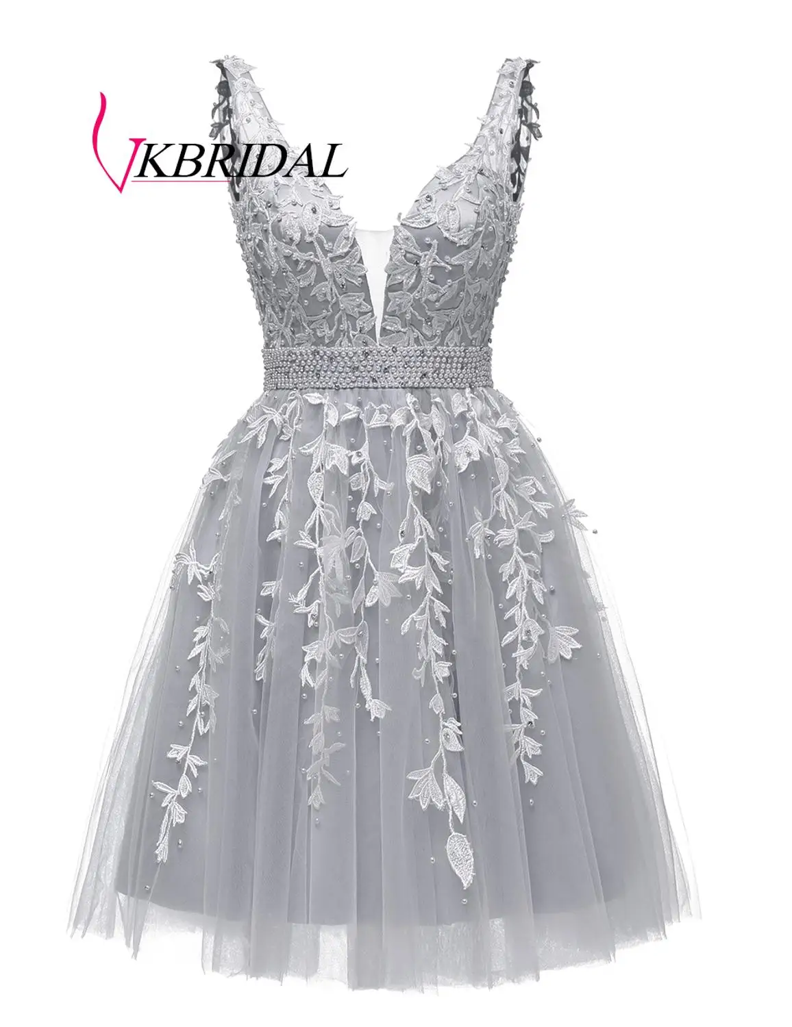 VKBRIDAL, короткие платья для выпускного вечера,, сексуальное, с глубоким v-образным вырезом, тюль, кружево, бисер, жемчуг, кристалл, vestidos de graduacion corto - Цвет: Серый