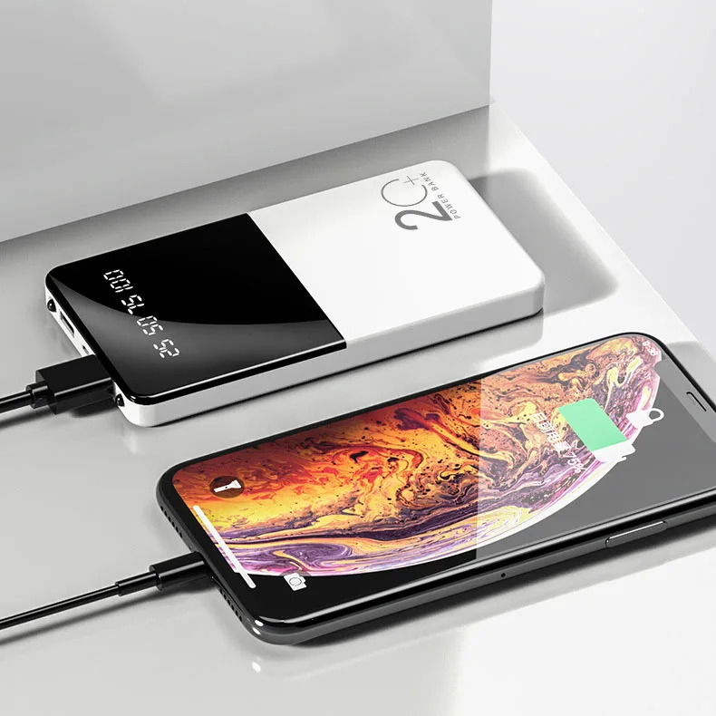 20000mAh power Bank ультратонкая Портативная зарядка с цифровым дисплеем, светодиодный внешний аккумулятор с фонариком для телефона