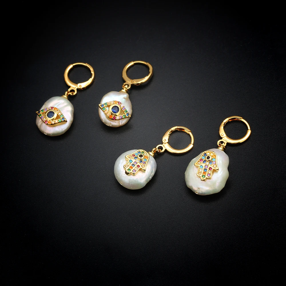 

MEIBEADS 1 Pair Korea Design CZ Hamsa Hand Gold Drop Earrings Evil Eye Baroque Irregular Circle Pearl Earrings for Women jewelry