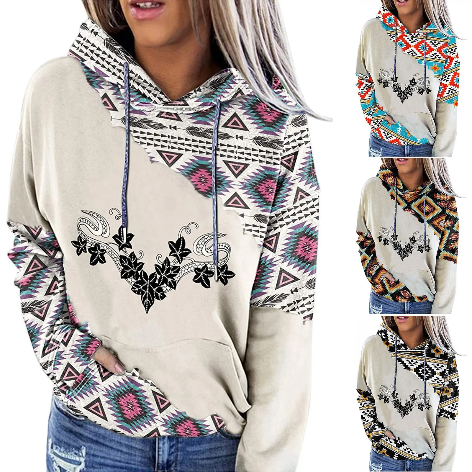 Women's Maya Style Hoodie Geometric Pattern Multi Colour Block Pullover