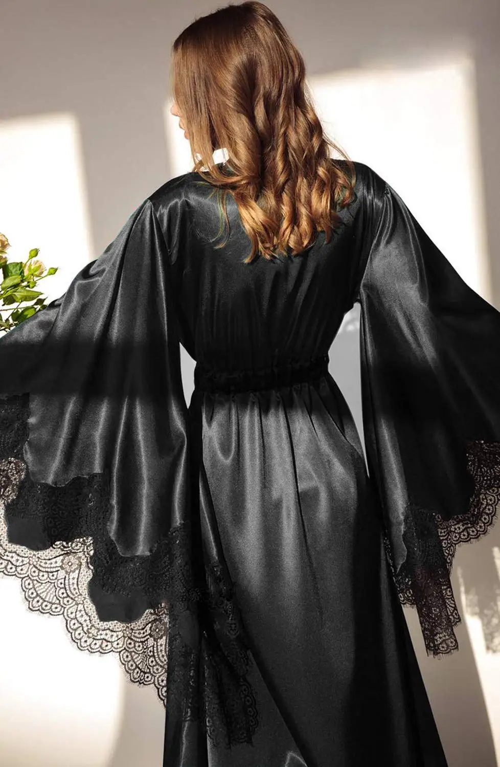 Women's Luxury Long Silk Boudoir Satin Robe Lace Robe with Floor Length Long Kimono Robe