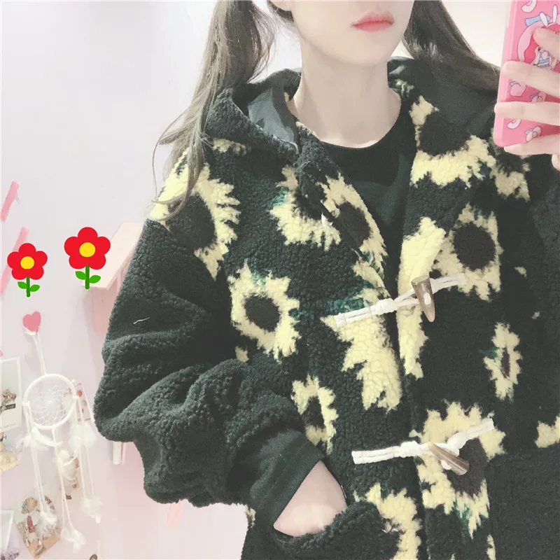 Winter Retro Lamb Wool Coat female Small fresh Soft sister Loose Wild Cute Sunflower Jacquard Girls Long Sleeve Cotton Jacket