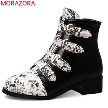 

MORAZORA 2020 new arrival women ankle boots mixed colors snake round toe short boots autumn winter buckle zip casual shoes woman