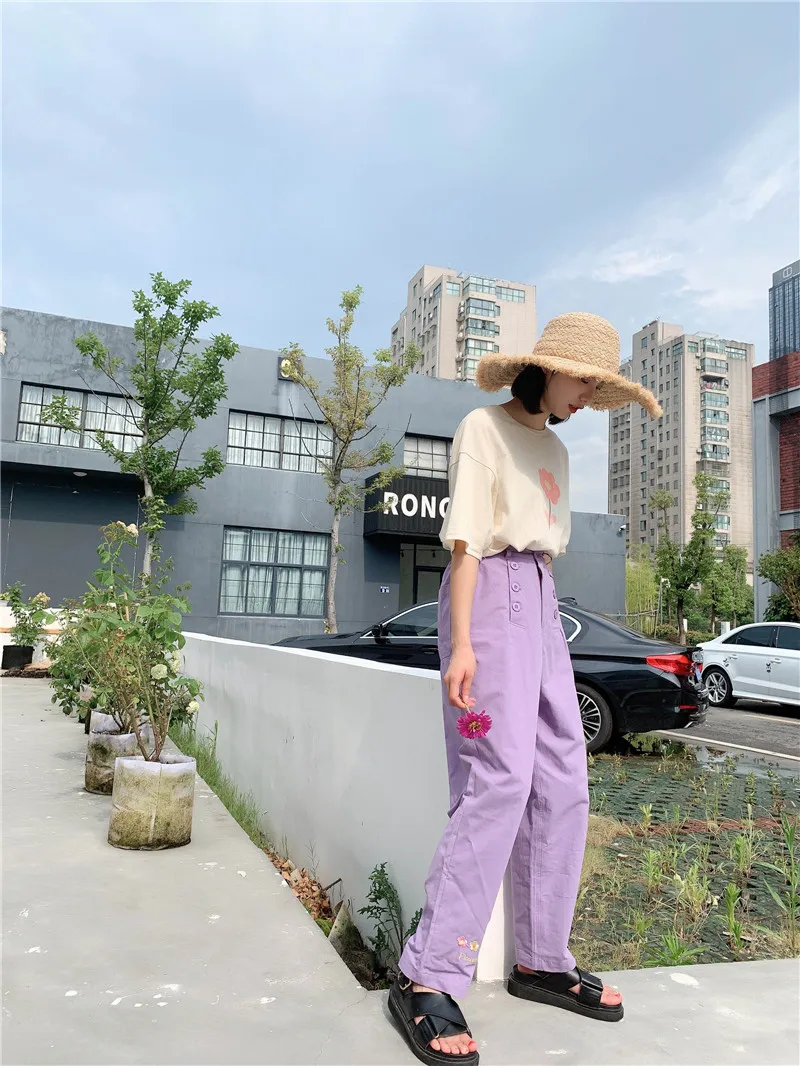 Autumn New Women's Korean Fashion Embroidery Flower Trousers Women's Purple Casual High Waist Preppy Style Straight Pants