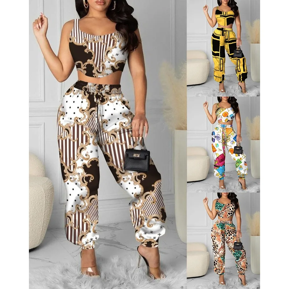 2 Piece Set Women Summer Tank And Pants Suits Tracksuit Fashion Printed Two Piece Sexy Crop Top Trousers Matching Female Outfit