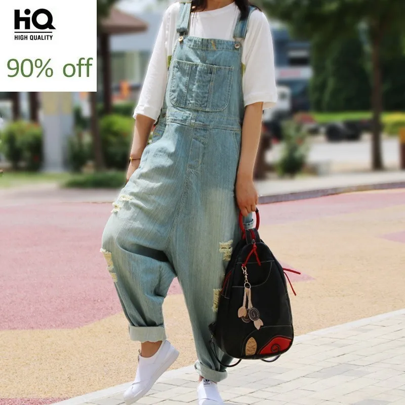 

Bleached Ripped Baggy Jeans for Girl 2020 Summer Casual Loose Fit Deep Blue Denim Overalls Strapless Paysuits Women Free Size
