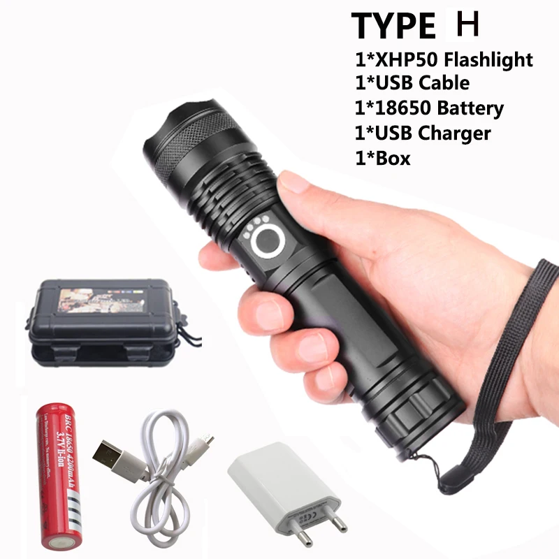 Супер яркий XHP90 USB Перезаряжаемый светодиодный светильник-вспышка мощный фонарь, водонепроницаемый светильник с батареей 18650 или 26650 для кемпинга - Испускаемый цвет: Pacakge H