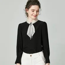 Модная женская блузка с длинным рукавом, элегантная женская рубашка из шелка, топы с воротником-бантом, Женские топы и блузки для работы, блузы