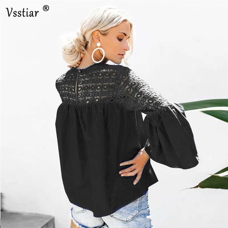  Vsstiar Flare Long Sleeve Blouse Women Plus Size Casual Tops Hollow Out Sexy Shirt Lace Patchwork B
