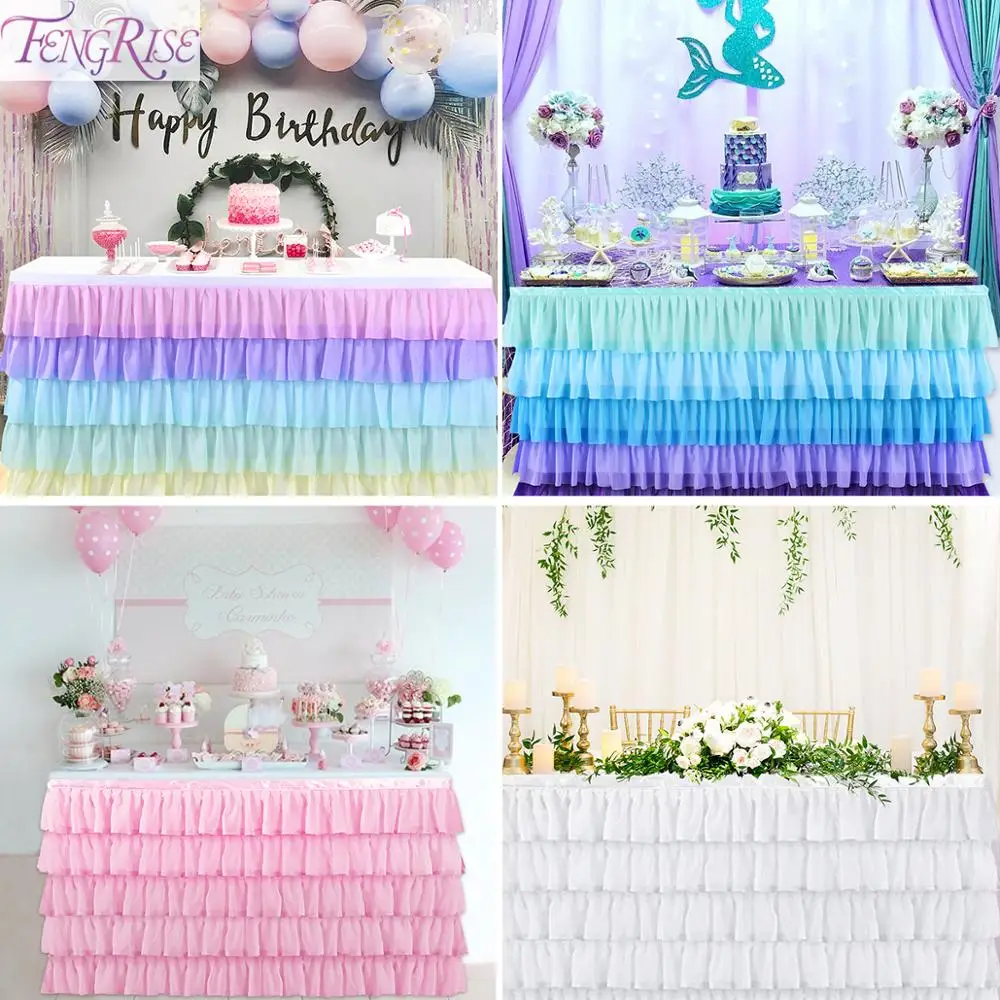 Qifu Blue White Pink Table Skirt Little Mermaid Party Supplies