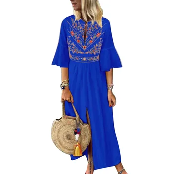 

Nice Pop Women Vintage Dress Half Sleeves V Neck Print Loose Slit Casual Dress For Summer Pop 88