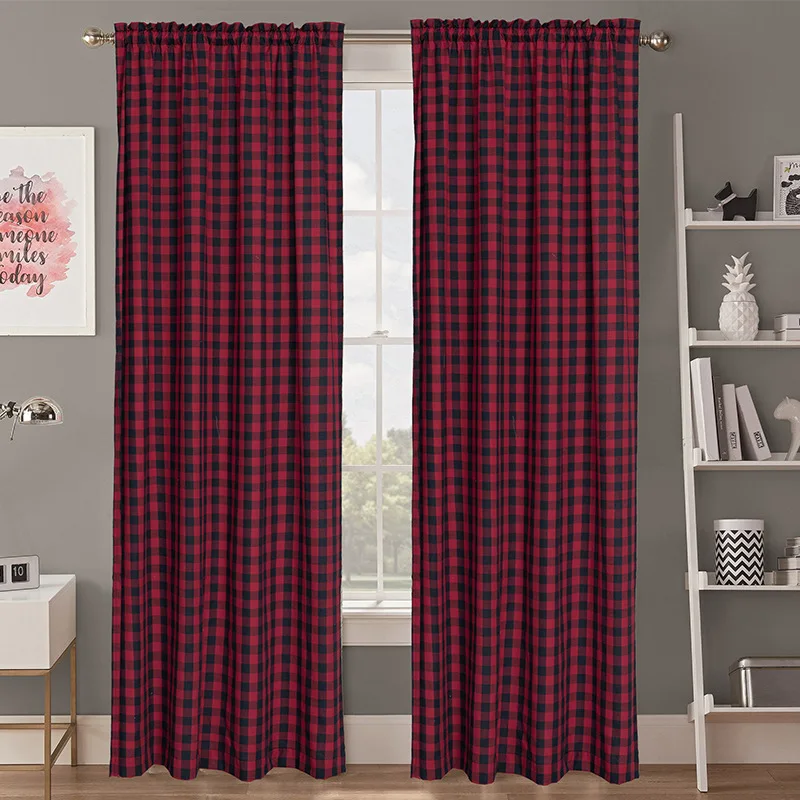 American Red Geometric Plaid Window Curtains Semi Shade Cloth Blackout