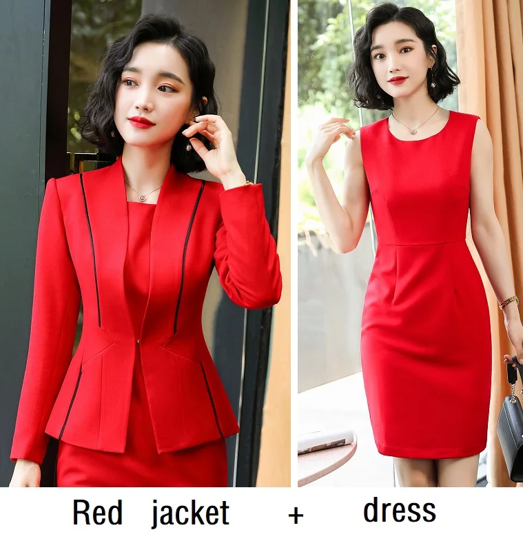 red jacket dress Женские костюмы тонкий осенний пиджак платье 2 шт набор OL формальные деловые женские платья костюмы женский комплект костюмы 8161 - Цвет: red jacket dress