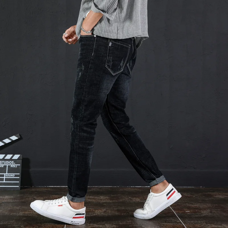Осень и зима стиль джинсы мужские корейский стиль Slim Fit тренд Молодежные мужские зауженные повседневные брюки эластичные ковбойские длинные брюки