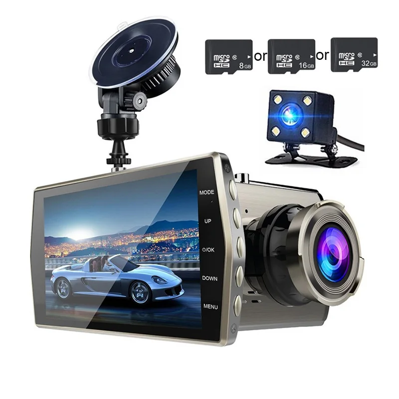 Автомобильный видеорегистратор, 4 дюйма, Full HD 1080, авто видеорегистратор, приборная панель, видеорегистратор, двойной объектив, передняя и задняя видеокамера, циклическая запись